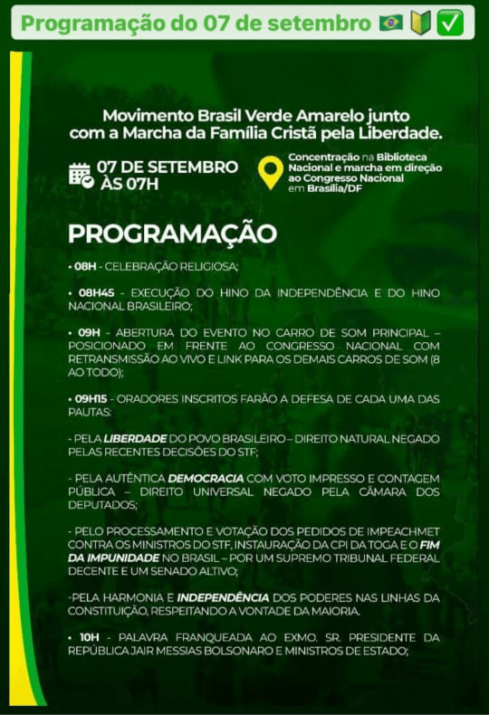 cronograma 07 de setembro