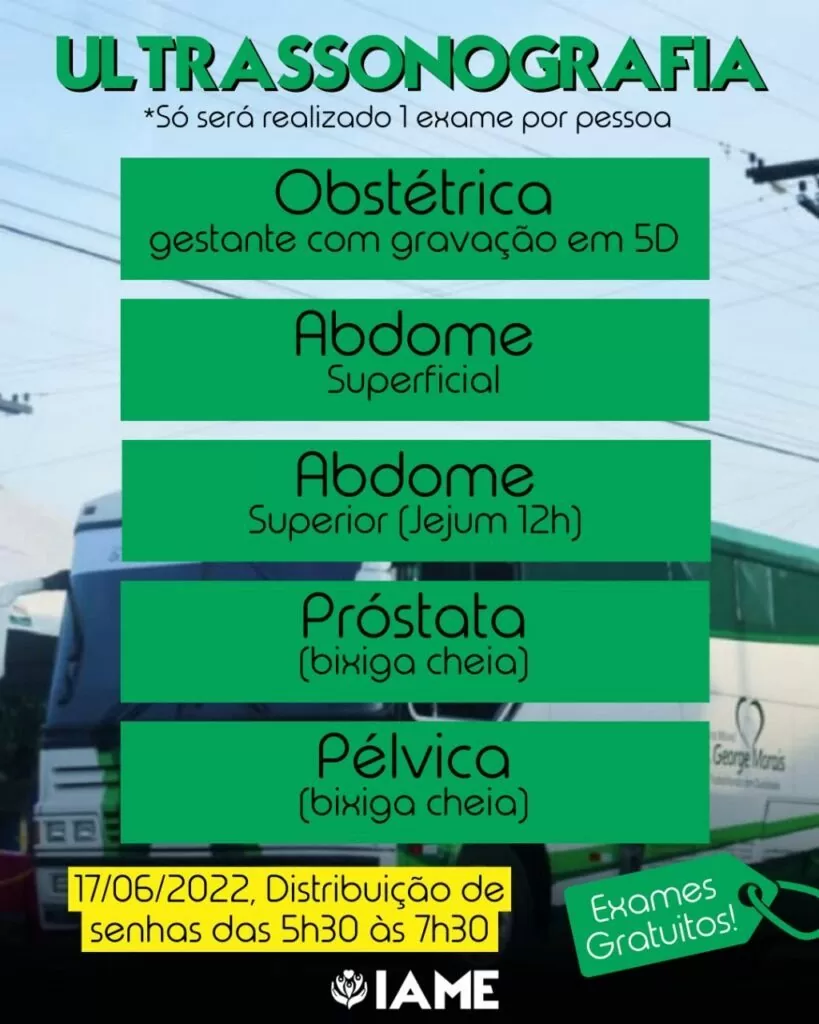 Nesta sexta-feira, 17/06, em parceria com o Dr. George Morais (CRM-GO 5651) e com o Ônibus da Saúde o IAME fará exames gratuitos à toda a comunidade da Cidade Ocidental.